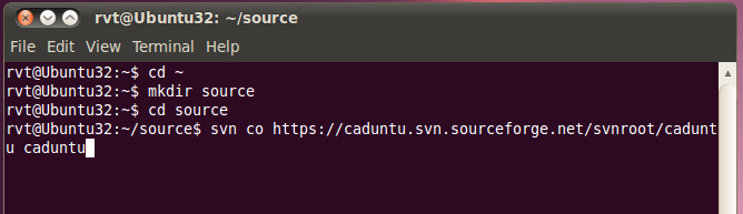 Create source directory and download CADUbtu from SVN